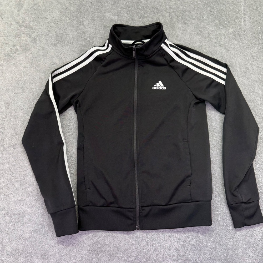 Kids Adidas Track‎ Jacket Black White 3 Stripe Full Zip Primegreen Size XS